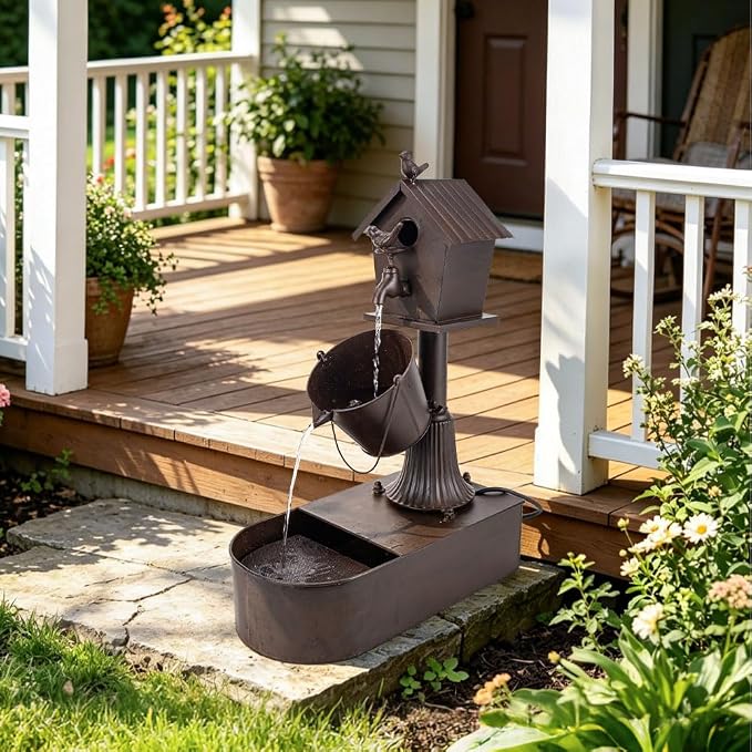 Metal Outdoor Garden Fountain 27" Soothing Water Flow | Rustproof Garden Water Features with Pumb & Debris Filter Screen, Heavy Duty Birdhouse Waterfall for Outside Patio Yard Porch