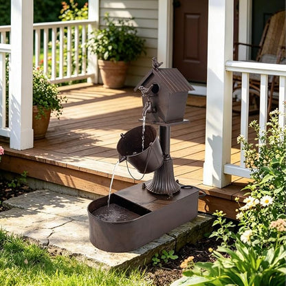 Metal Outdoor Garden Fountain 27" Soothing Water Flow | Rustproof Garden Water Features with Pumb & Debris Filter Screen, Heavy Duty Birdhouse Waterfall for Outside Patio Yard Porch