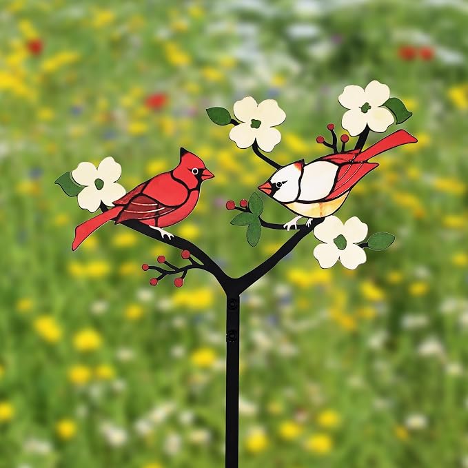 Cardinal Garden Stakes Bird Decor | For Gardens Patios Gravesides 1mm Hardened Steel Rustproof Easy Assembly