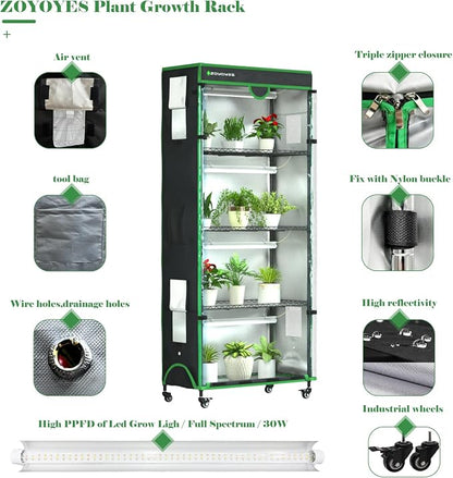 Indoor Greenhouse with Grow Light, Mini Greenhouse with Cover | 5-Tier Plant Shelf with 3-Color T8 Growth Light, Plant Stand with Smart Timing Plug and thermohygrometer, 35.8"x17.8"x71.8"