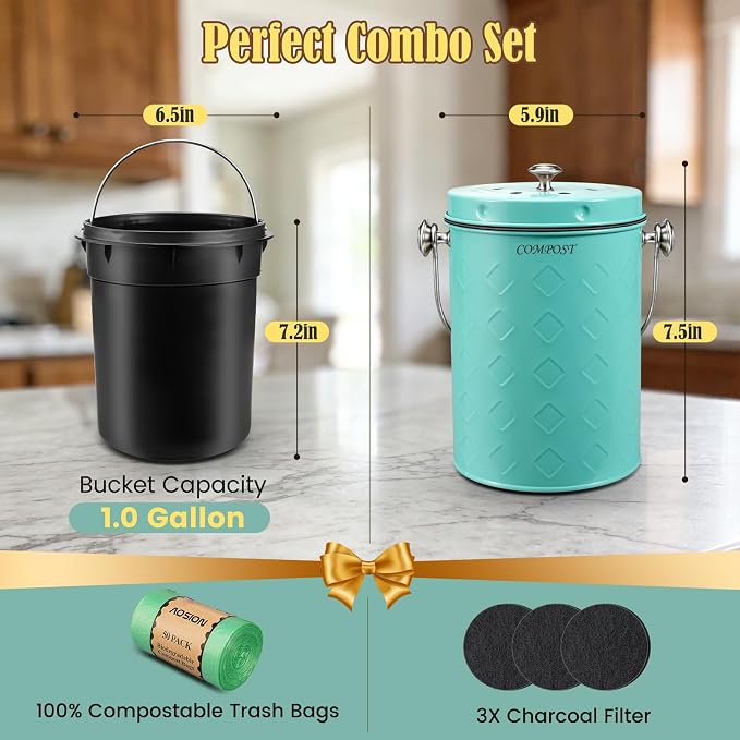 AOSION Countertop Compost Bin Kitchen,Odorless Indoor Compost Bin with Lid | 1 Gallon Composter Container,Removable Inner Bucket,50 Compost Bags,2 Carbon Filters,ideal for food scraps,coffee grounds