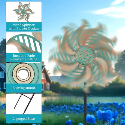 2 Pack Wind Spinners Outdoor Metal Vintage Green, Waterproof Wind Sculptures Garden Pinwheels & Decorative Stakes, Small Windmills for Yard Lawn Patio Outdoor Garden Decor (Type 36)
