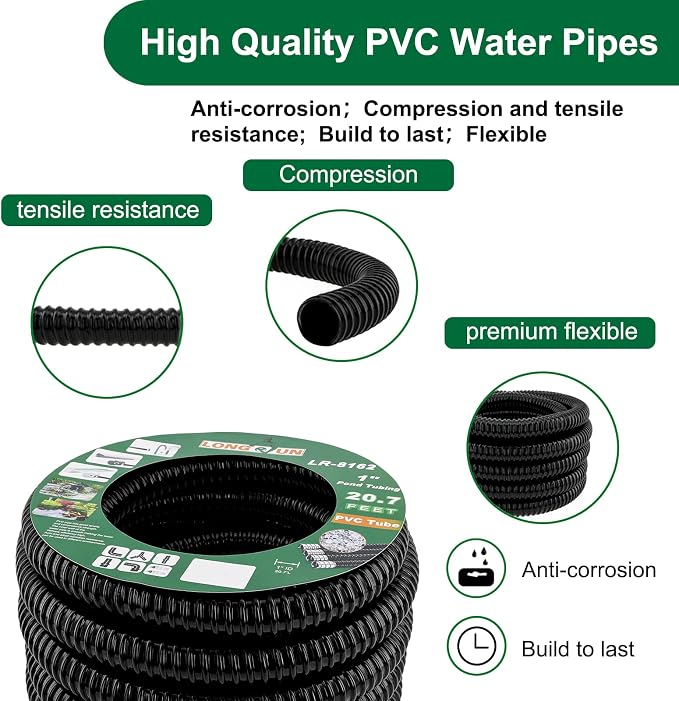 LONGRUN Pond Tubing 1 Inch Diameter, 20.7 Feet Long Corrugated Flexible Hose Pipe with Clamps Pipe Fittings, Pool PVC Tube for Garden Ponds Waterfalls Camping Caravans Filters Drainage Marine
