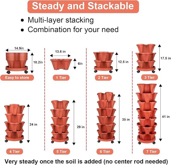 GameXcel Vertical Planter Tower - 7 Tier Stackable Garden Planters with Wheels and Tools Plant Pots for Strawberry Herb Flower and Vegetable Indoor Outdoor Use Red