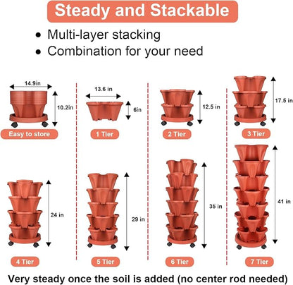 GameXcel Vertical Planter Tower - 7 Tier Stackable Garden Planters with Wheels and Tools Plant Pots for Strawberry Herb Flower and Vegetable Indoor Outdoor Use Red