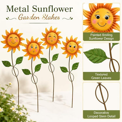 4 Pack Smiley Sunflower Decorative Garden Stakes, 20.5 Inch Metal Flower Garden Stakes for Outside, Yard Art Outdoor Decor for Lawn Planter Porch Patio