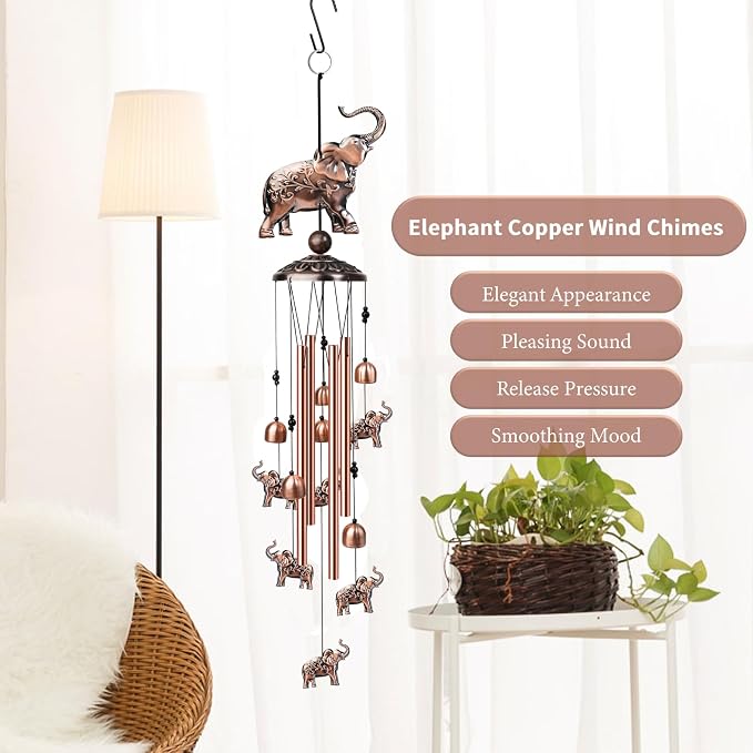 35 Inch Elephant Wind Chime, Handmade Large Metal Animal Figurine Windchimes for Garden Decor, Deep Soothing Bass Tones Wind Chimes for Outside, Memorial Gifts for Patio, Yard, Porch