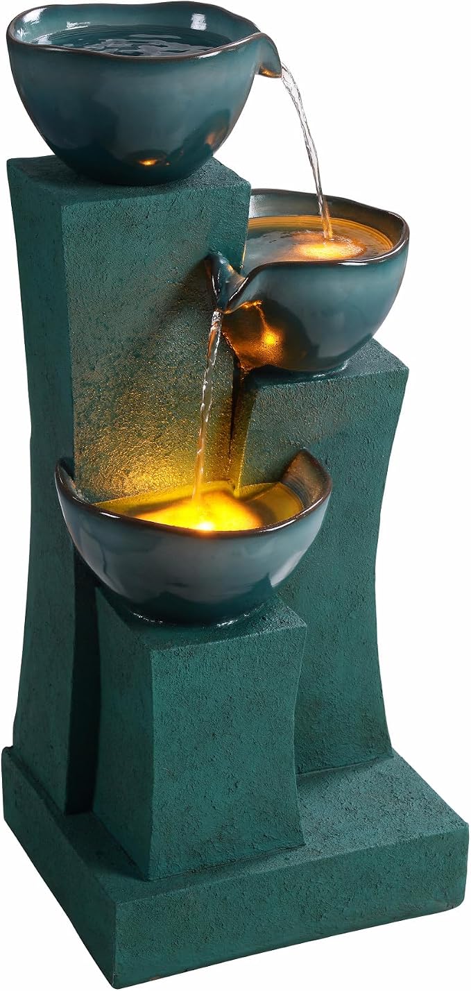 Teamson Home 28.54 in. 3-Tier Cascading Outdoor Water Fountain, Green | LED Lights, For Gardens, For Landscaping, For Patios, For Balconies