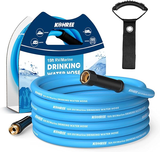 Kohree RV Water Hose 5/8" x 15FT, No-Kink, Lightweight Short Garden Hose | Leak-Free, Durable and Flexible Short Hose, Storage Strap included, Easy to Use, Drinking Water Safe for RV Camper, Marine