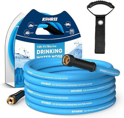 Kohree RV Water Hose 5/8" x 15FT, No-Kink, Lightweight Short Garden Hose | Leak-Free, Durable and Flexible Short Hose, Storage Strap included, Easy to Use, Drinking Water Safe for RV Camper, Marine