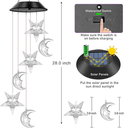 Solar Wind Chimes Outdoor Color Changing Lights, Gift for Women Mom Grandma Sister Best Gifts, Wind Chimes Unique Outdoor Garden Yard Decor (Star and Moon)