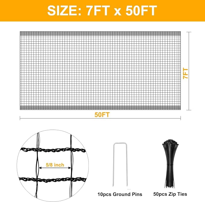 Deer Fence Netting, Plastic Mesh Fence 7x50ft - 55gsm Heavy Duty Black Plastic Deer Fencing Temporary Garden Fence Netting for Yard Protection from Deer Dog Chicken Critter Barrier - Reinforced Edge