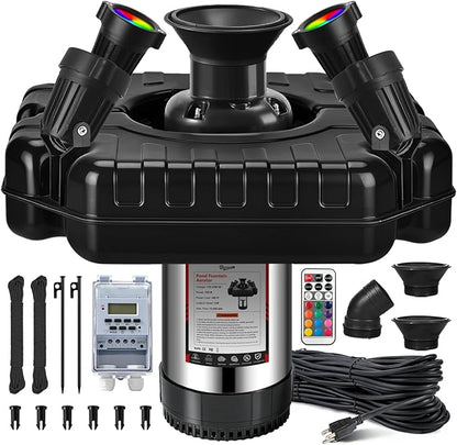 Pond Fountain Aerator, 1HP 110V 750W Floating Pond Fountain, With4 RGB Lights，100 FT Power Cord，Waterproof Timer，2x100 FT Traction Rope，Floating Water Fountains for Ponds