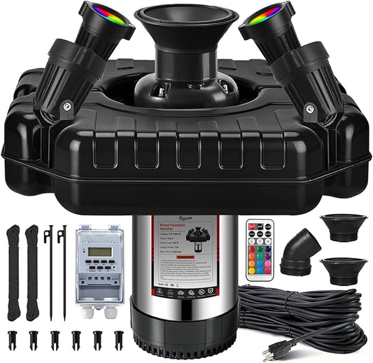 Pond Fountain Aerator, 1HP 110V 750W Floating Pond Fountain, With4 RGB Lights，100 FT Power Cord，Waterproof Timer，2x100 FT Traction Rope，Floating Water Fountains for Ponds
