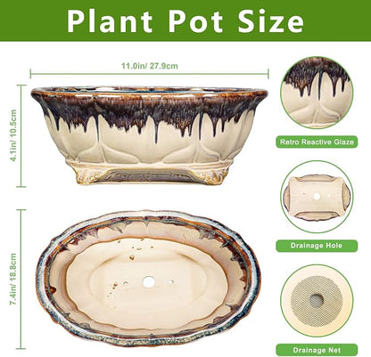 Ceramic Bonsai Tree Pots - 11 Inch Succulent Pots with Drainage Hole, Decorative Bonsai Pot for Indoor Outdoor Plants, Succulent Planters, Front Porch Decor, Gardening Gifts, Oval Beige-Brown