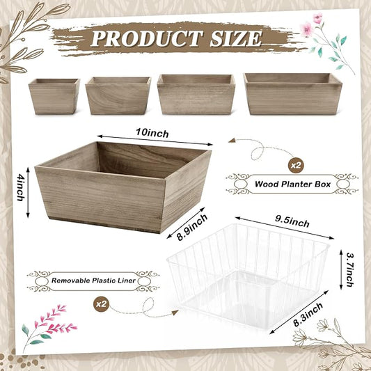 Dandat 2 Set Wooden Centerpiece Box for Wedding Table Decor 10 Inch Rustic Wood Planter Box with Removable Plastic Liner Flower Boxes for Party Wedding Baby Shower Home Garden Decor(Brown)
