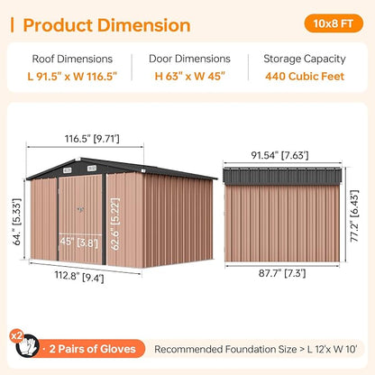 10x8FT Outdoor Storage Shed Brown | Metal Garden Tool Shed with Sloping Roof & Lockable Door for Garden, Patio, Backyard