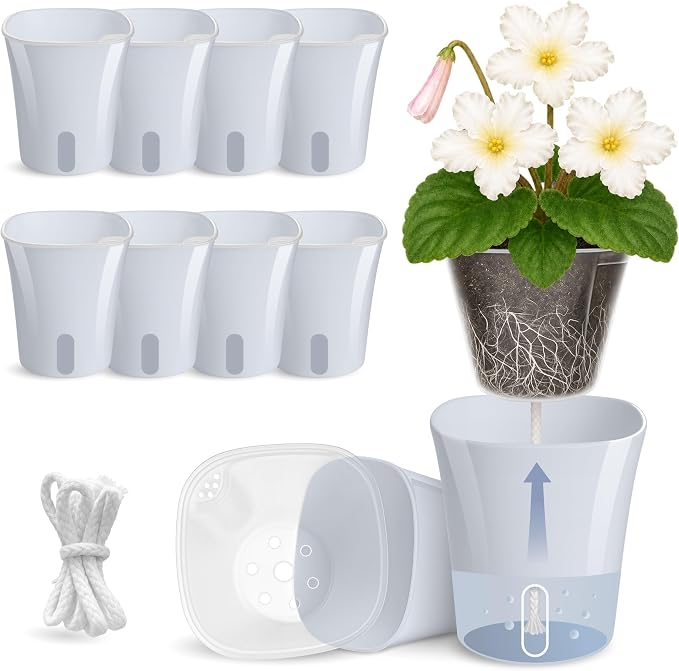 10 Pack 3" Self Watering Pots for Indoor Plants, Clear Inner Cup, Small Blue Grey Plastic Planter, Water Level Indicator,Drainage Hole, Extra 3ft Wick, Cutting,Seedling,Herb,African Violet