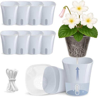 10 Pack 3" Self Watering Pots for Indoor Plants, Clear Inner Cup, Small Blue Grey Plastic Planter, Water Level Indicator,Drainage Hole, Extra 3ft Wick, Cutting,Seedling,Herb,African Violet