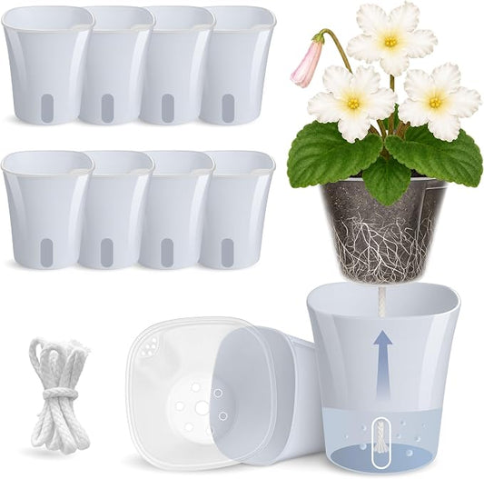 10 Pack 3" Self Watering Pots for Indoor Plants, Clear Inner Cup, Small Blue Grey Plastic Planter, Water Level Indicator,Drainage Hole, Extra 3ft Wick, Cutting,Seedling,Herb,African Violet
