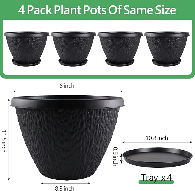 Nooulap 4 Pack Large Plant Pots for Outdoor Indoor, 16 inch Flower Pots for Garden House Decor, Thickened Planters with Drainage Holes & Saucer (Black)