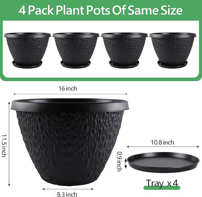 Nooulap 4 Pack Large Plant Pots for Outdoor Indoor, 16 inch Flower Pots for Garden House Decor, Thickened Planters with Drainage Holes & Saucer (Black)