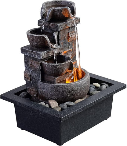 Kalona Décor Desktop Fountain - 10" 4-Tier Design with Imitation Stone, Indoor Waterfall Tabletop River Rocks & Resin Material for Serene Meditation & Relaxation - Ideal for Home & Office Decor