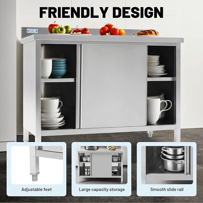 Hally Stainless Steel Cabinet, 24" x 48" NSF Commercial Heavy Duty Prep Workbench with Backsplash and Two Sliding Doors, Large Storage Cabinet, Metal Table for Kitchen, Restaurant, Garage