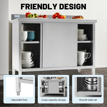 Hally Stainless Steel Cabinet, 24" x 48" NSF Commercial Heavy Duty Prep Workbench with Backsplash and Two Sliding Doors, Large Storage Cabinet, Metal Table for Kitchen, Restaurant, Garage