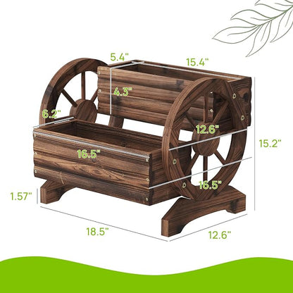 Wooden Wagon Planter Cute Garden Flower Pots Cart with wheels, Outdoor Decoration decor Indoor, Drainage hole, Garden decor for succulents herbs veggies for porch patio balcony (Carbonized, Medium)