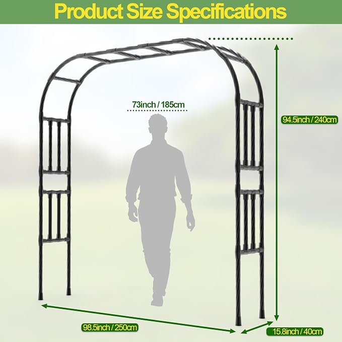 BUKLIYN Garden Arch Trellis - Length: 98.5in, Height: 94.5in Garden Trellis for Climbing Plants Outdoor - Garden Arch for Lawn, Party, Ceremony Wedding Decoration (Black)