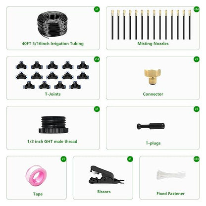 40FT Drip Irrigation System for Garden – Automatic Watering Kit with Solid Brass Metal Connectors, 360° Bendable Tubing & 14 Adjustable Nozzles for Greenhouse, Lawn, Yard & Plants