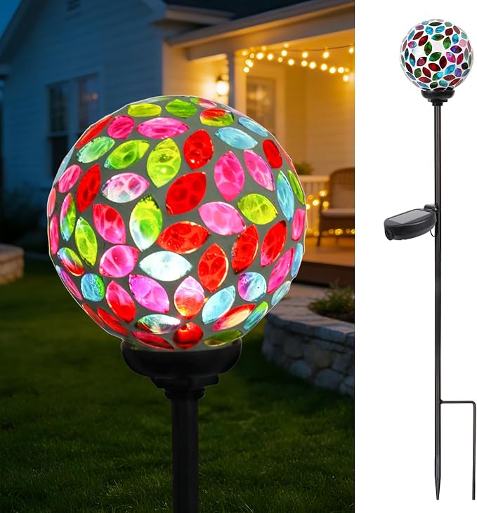 VCUTEKA Solar Lights Outdoor Decorative - Waterproof Mosaic Solar Garden Light, LED Pathway Stake for Landscape Lawn Patio Yard, Solar Globe Lights Outdoor, 1 Pack Green Red