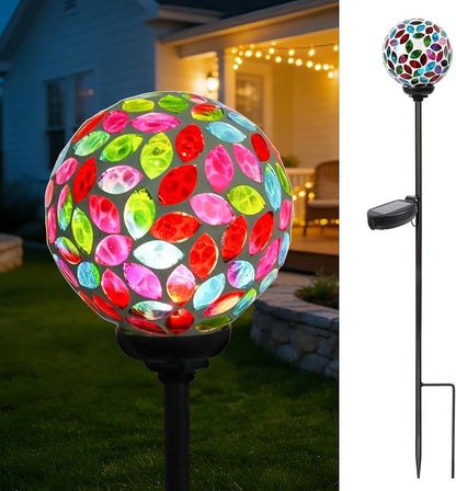 VCUTEKA Solar Lights Outdoor Decorative - Waterproof Mosaic Solar Garden Light, LED Pathway Stake for Landscape Lawn Patio Yard, Solar Globe Lights Outdoor, 1 Pack Green Red
