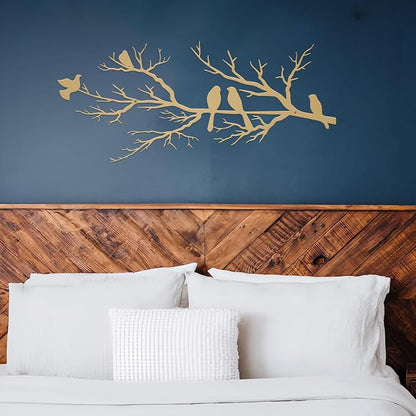 ESTART Metal Birds Wall Art, Metal Vivid Birds on Branch Silhouette Wall Decor Gold Leaves with Bird Outdoor Hanging Wall Sculpture for Home Living room Bedroom Balcony Garden (Gold, Large)