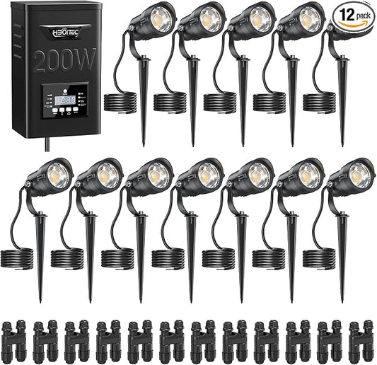 HIBOITEC 12W Landscape Lighting Kit with 200W Low Voltage Transformer, Dusk to Dawn & Timer, 2900K Wired Waterproof LED Outdoor Spotlights for Yard Garden Tree House, Wire Sold Separately, 12 Packs