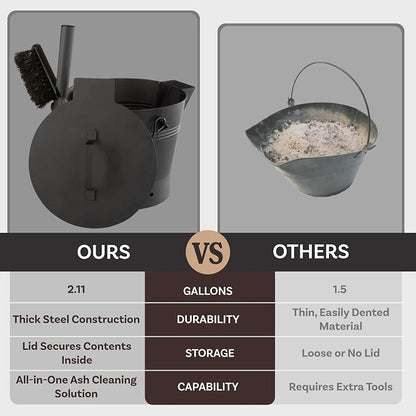 Pure Garden Ash Bucket - Metal Bucket with Lid (2.11-Gallon), Broom, and Shovel for Fireplace or Firepit Ashes - Fireplace Tools (Black) - 1 Count