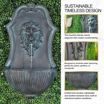 XBrand 29.9" Solar-Powered Wall-Mounted Lion Head Fountain, Resin, Outdoor, Gray