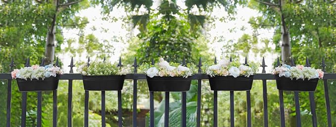 Dahey 5 Pcs Metal Iron Hanging Flower Pots for Railing Fence 15.7 Inch Hanging Bucket Pots Countryside Style Window Flower Plant Holder with Detachable Hooks for Garden Yard Home Decor, Black