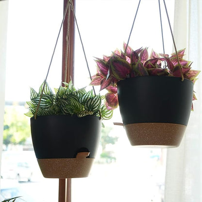 SwinDuck 8 inch Hanging Planters, 2 Pack Self Watering Hanging Pots with 20oZ Deep Reservoir for Indoor Outdoor Plants Flowers, Black with Brown