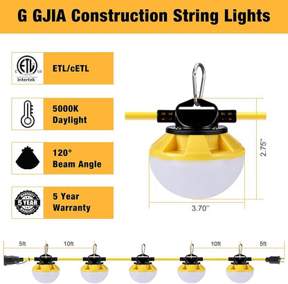 50FT LED Construction String Light, 50W 6000Lm,18AWG Wire,5000K Linkable String Work Lights with 5 Bulbs & Hooks, Industrial Temporary Lighting for Construction Site, Crawl Space,Job Site,Attic