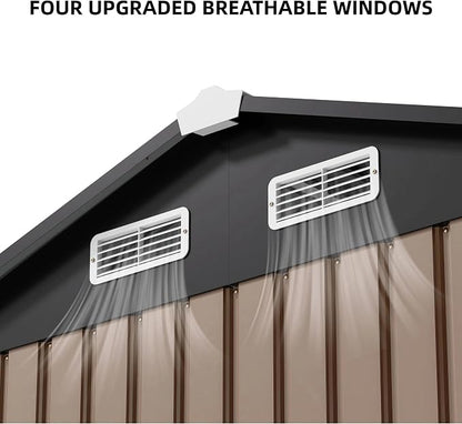 IRONCK 8.4x6.1FT Outdoor Storage Shed with Clear Window, Tool Shed, Brown | Lockable Doors, Breathable Ventilation, 8x6 FT Base, Outdoor Shed For Generators/Bikes/Wheelbarrows