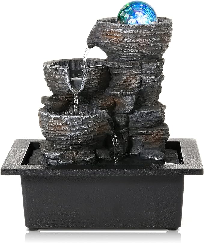 Dyna-Living Water Fountain Indoor Tabletop Waterfall Fountain with LED | Colorful Light Indoor Fountains and Waterfalls with Rolling Ball, Quiet Pump for Relaxation, Zen Home & Office Desk Décor