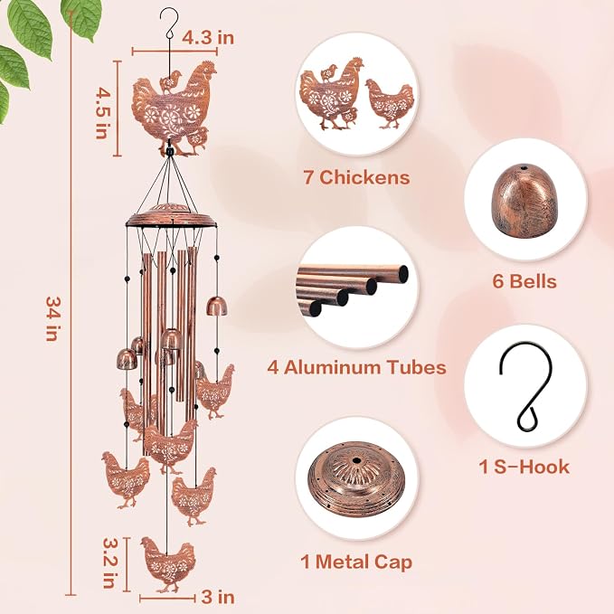 Chicken Wind Chimes Outdoor Chicken Gifts for Women Men Mom Gardening Birthday Gifts Metal Memorial WindChimes for Outside/Indoors, Lawn, Patio, Yard Art, Garden Decor, Yard Decorations