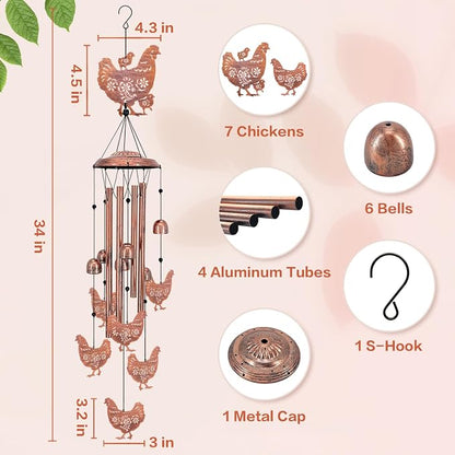 Chicken Wind Chimes Outdoor Chicken Gifts for Women Men Mom Gardening Birthday Gifts Metal Memorial WindChimes for Outside/Indoors, Lawn, Patio, Yard Art, Garden Decor, Yard Decorations
