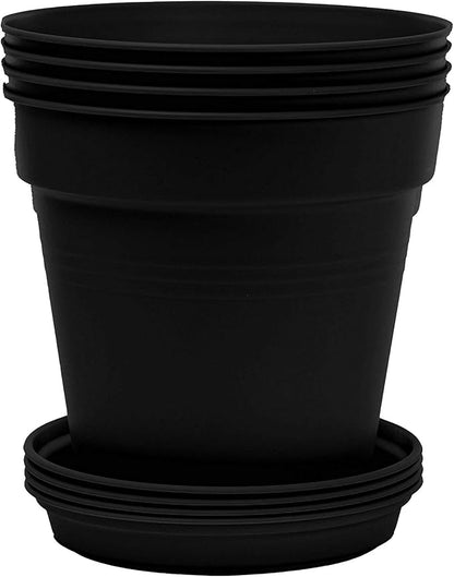 Mintra Garden Pots, 4 Pack Bulk Plastic Plant Pots with Drainage Tray, Round Indoor & Outdoor Decorative Planters with Drain Holes for Flowers, Herbs & Plants, 13cm Diameter – Black, 5 in
