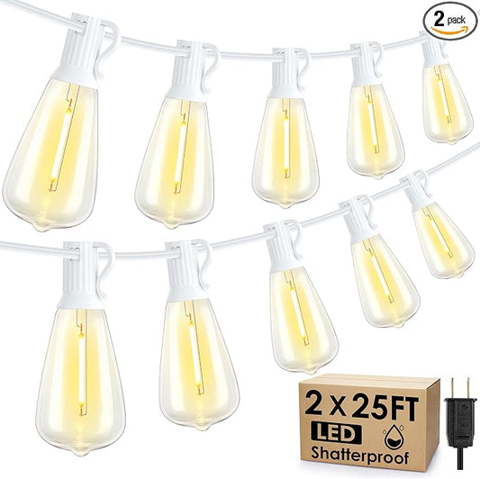Larkvue 50FT(2x25FT) Outdoor String Lights, Patio Lights with 20+2 LED Dimmable Waterproof ST38 Vintage Bulbs for Wedding Garden Party Decor, White