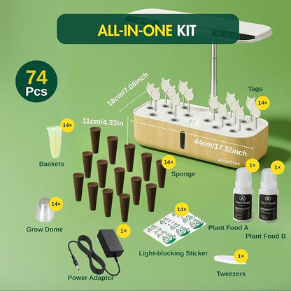 Hydroponics Growing System Kit, Indoor Herb Garden, 14 Pods Upgraded LCD Display, LED Grow Light Quiet Smart Water Pump Automatic Timer, Hydroponic Planter for Home Kitchen Office (White)