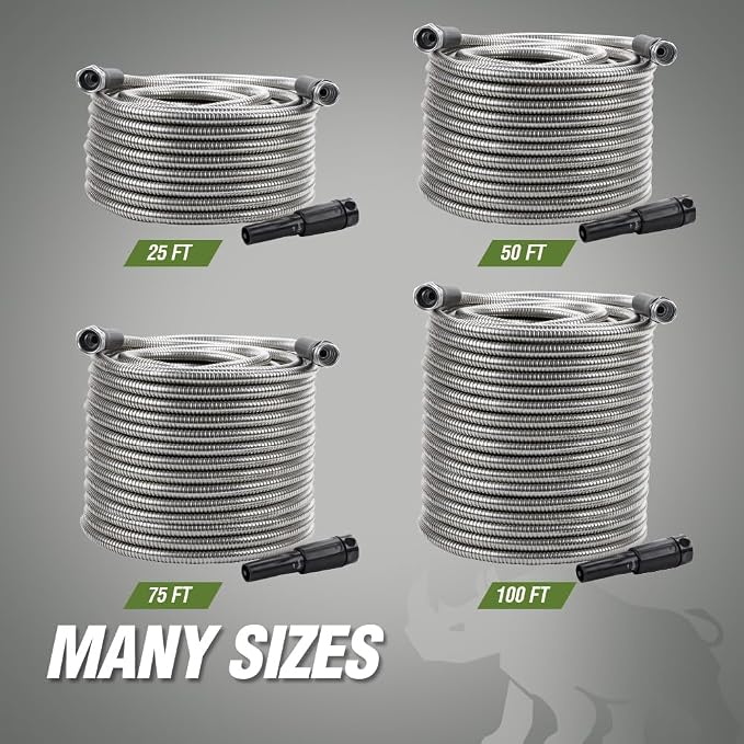 RUGGED RHINO Metal Garden Hose with Spray Nozzle, 100FT, 304 Stainless Steel, 750 PSI Burst Strength, Heavy Duty Flexible Water Hose, Kink Resistant, Leakproof for Yard, Lawn and Outdoor Use, Silver