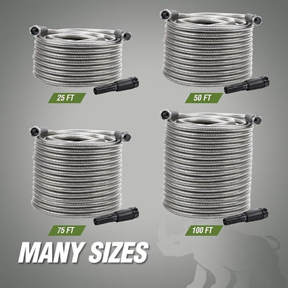 RUGGED RHINO Metal Garden Hose with Spray Nozzle, 75FT, 304 Stainless Steel, 750 PSI Burst Strength, Heavy Duty Flexible Water Hose, Kink Resistant, Leakproof for Yard, Lawn and Outdoor Use, Silver